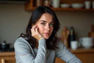 Femme qui se gratte la main gauche de manière distraite à une table en bois, expression pensive et naturelle