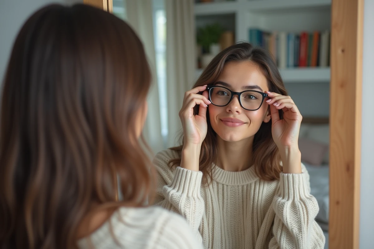 Jeune femme essaie des lunettes devant un miroir à la maison