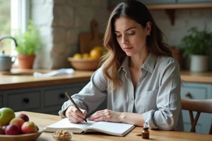 Femme consultant un journal bien-être avec un complément alimentaire et des fruits frais sur une table en bois dans une cuisine naturelle