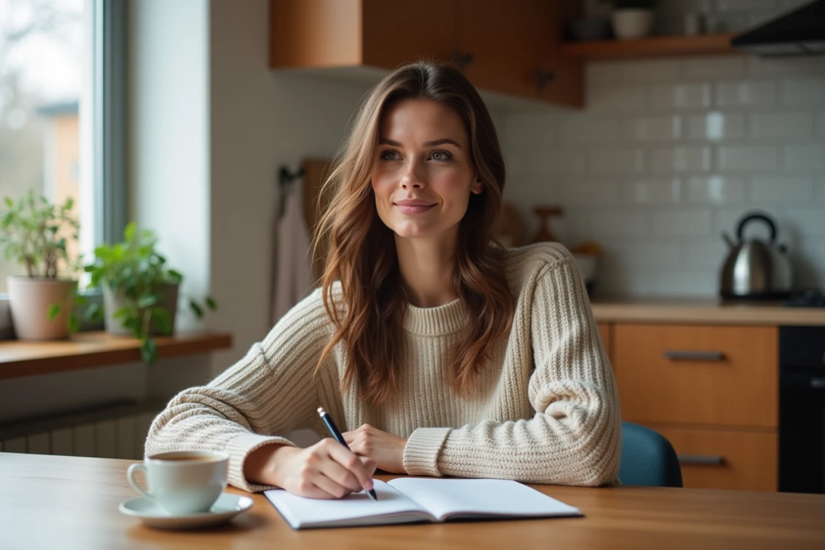 Femme assise à la cuisine en train d'écrire dans un journal