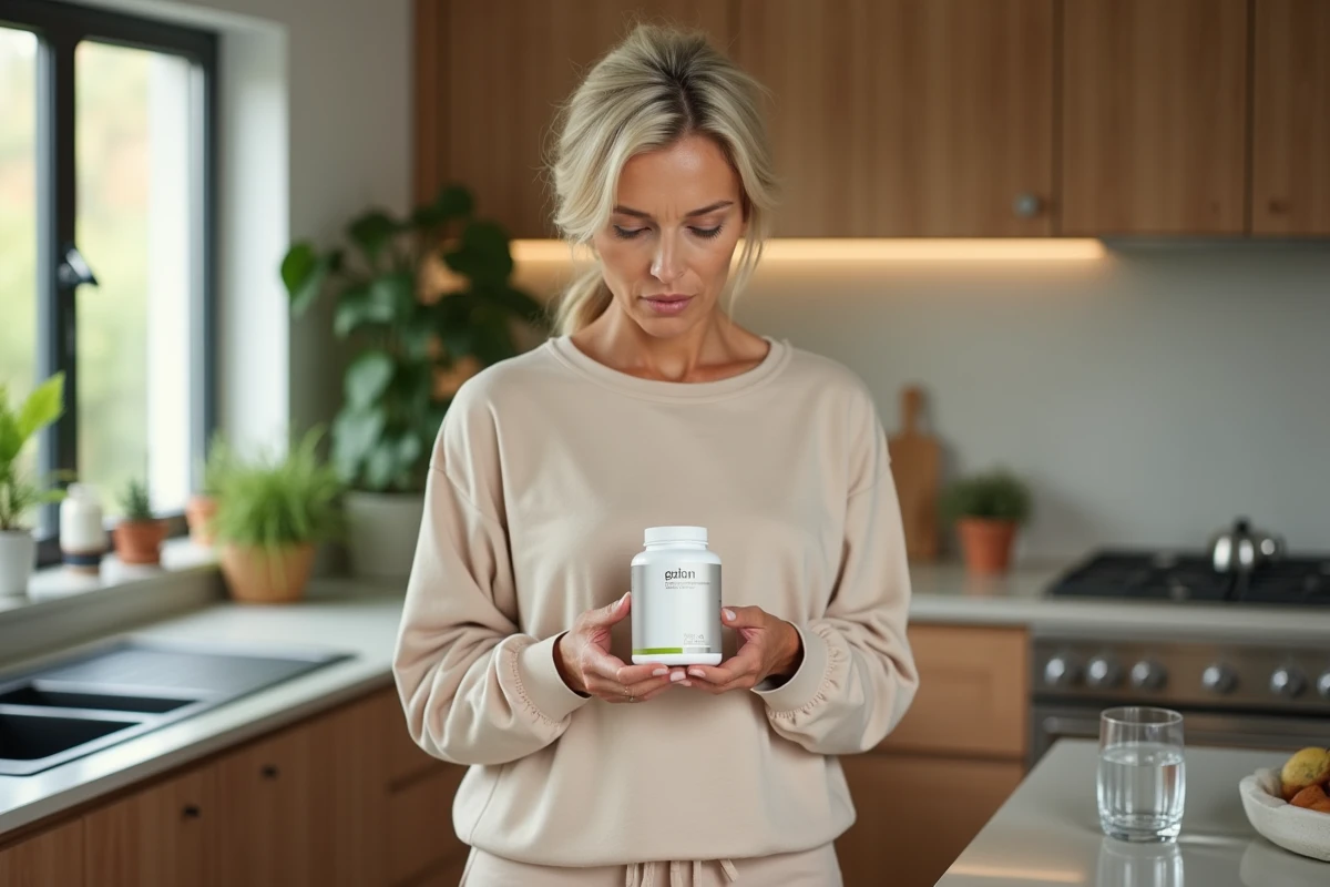 Femme lisant les informations nutritionnelles d'un complément alimentaire dans une cuisine moderne