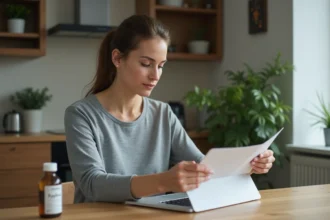 Femme lisant un document dans une cuisine moderne