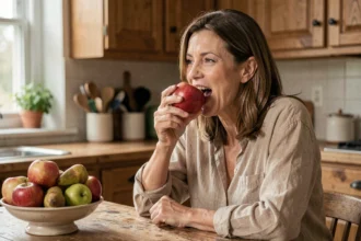 Femme mangeant une pomme rouge fraîche dans une cuisine rustique en bois, illustrant les bienfaits des pommes pour le transit intestinal