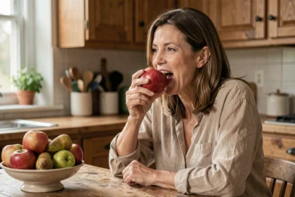 Femme mangeant une pomme rouge fraîche dans une cuisine rustique en bois, illustrant les bienfaits des pommes pour le transit intestinal