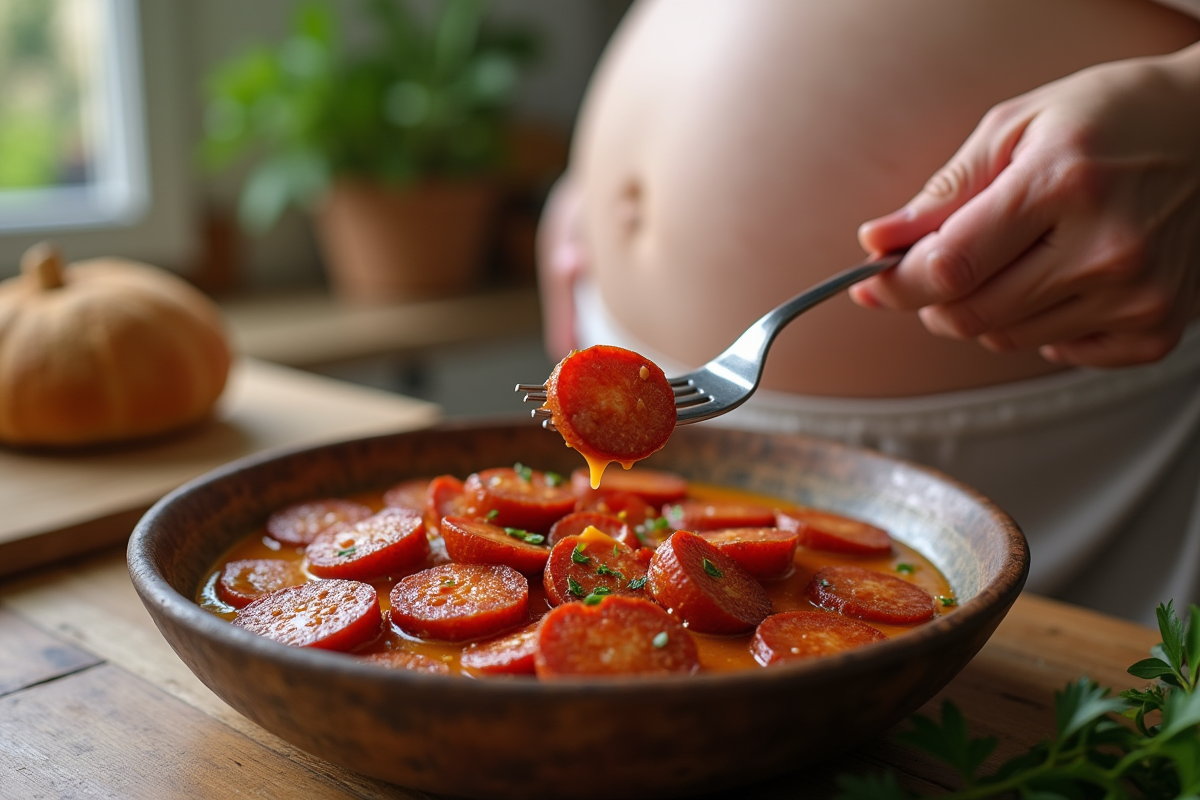 Femme enceinte tenant une fourchette avec chorizo