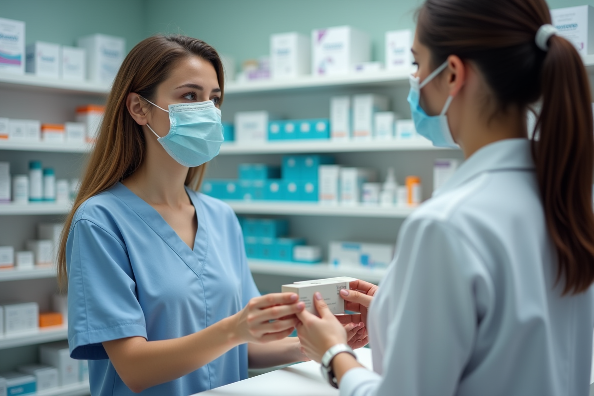 Femme avec masque recevant medicament en pharmacie