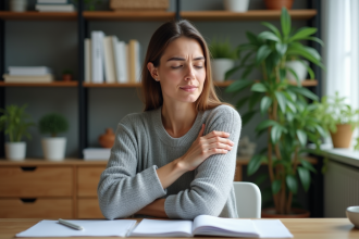 Femme se massant l'épaule dans un bureau à domicile