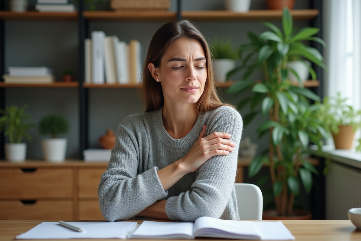 Femme se massant l'épaule dans un bureau à domicile