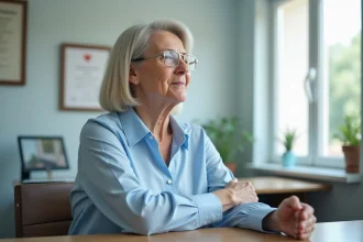 Femme d'âge moyen en blouse bleue dans un cabinet médical