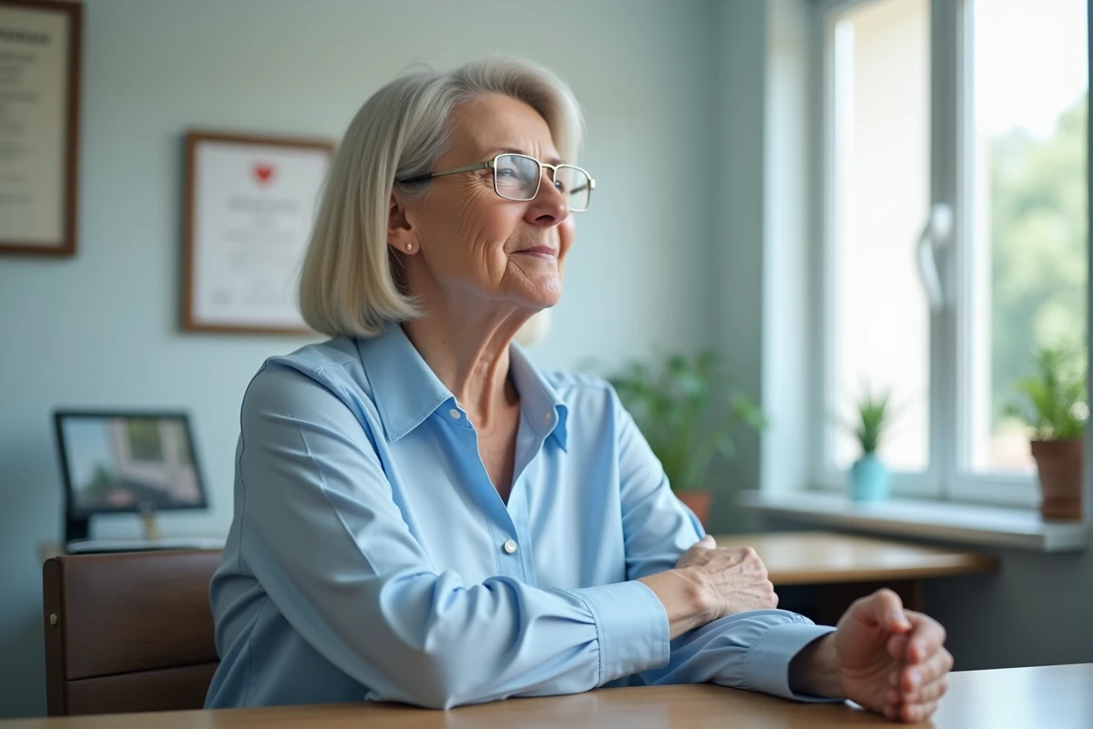 Femme d'âge moyen en blouse bleue dans un cabinet médical