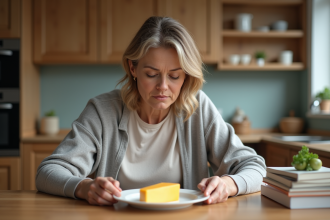 Femme d'âge moyen examinant un morceau de fromage à la maison