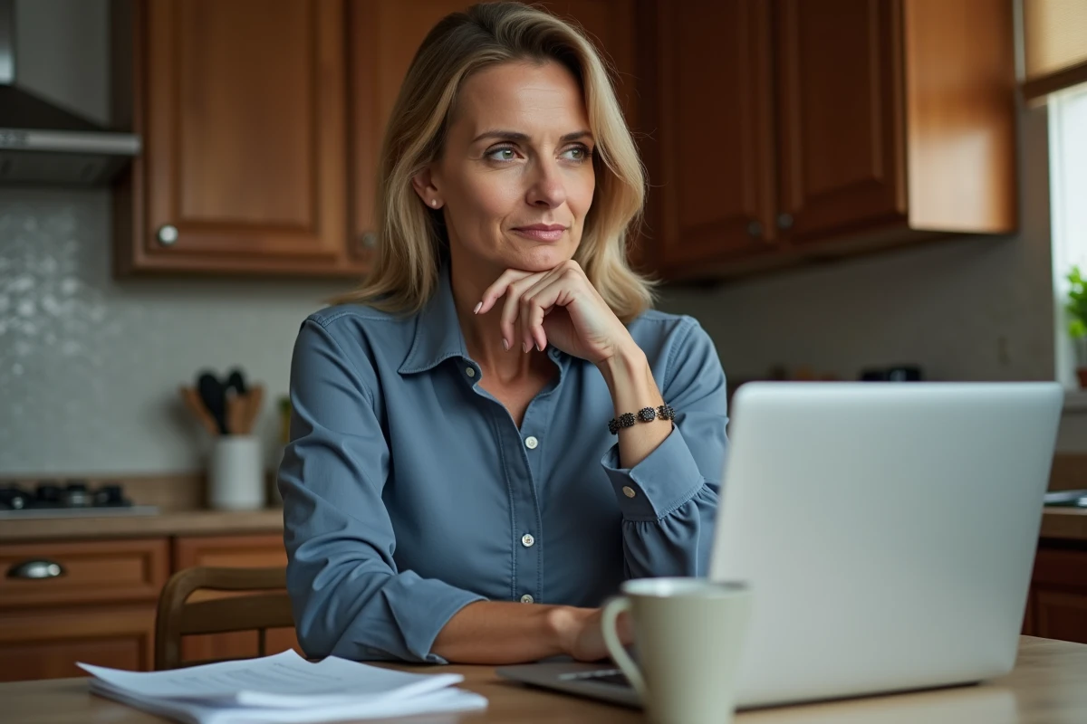 Femme d'âge moyen travaillant sur un ordinateur à la maison