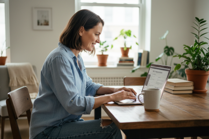 Femme souriante utilisant un ordinateur dans un intérieur lumineux