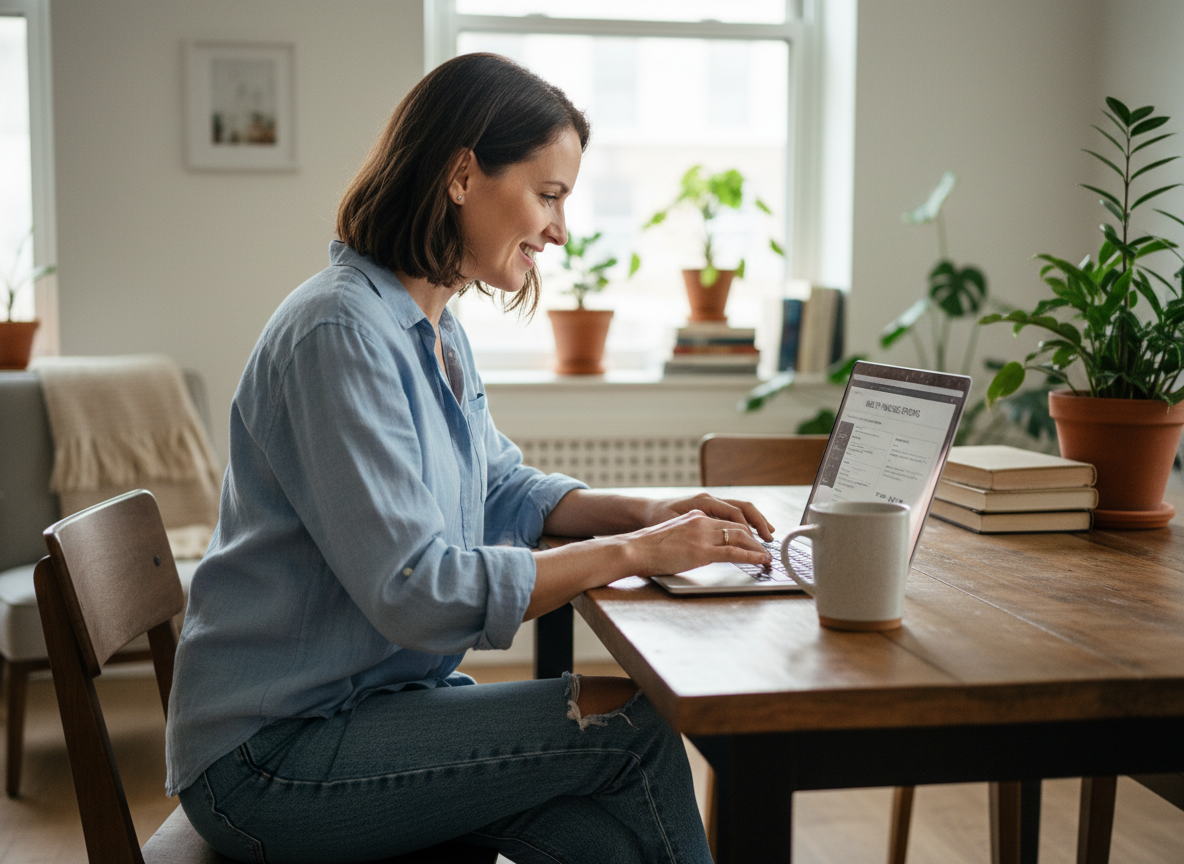 Femme souriante utilisant un ordinateur dans un intérieur lumineux