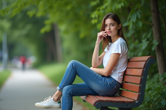 Jeune femme détendue assise sur un banc dans un parc urbain