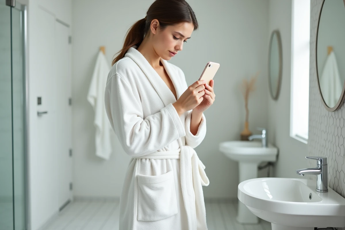 Femme en peignoir examinant sa peau après le rasage du maillot pour détecter un éventuel poil incarné ou bouton pubien