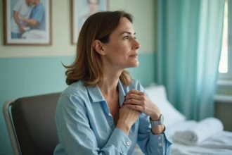 Femme d'âge moyen touchant son port à cath dans un hôpital