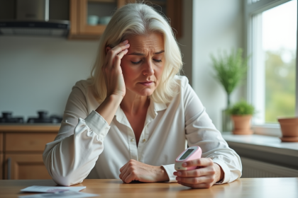 Femme d'âge moyen contrôlant son glucose dans la cuisine