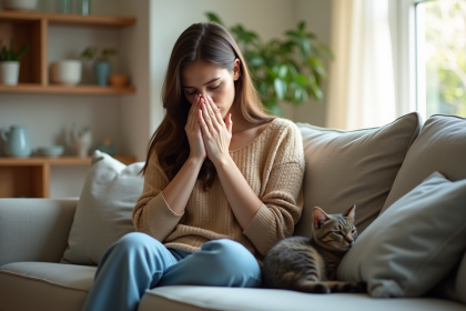 Jeune femme qui esine dans un salon lumineux avec un chat