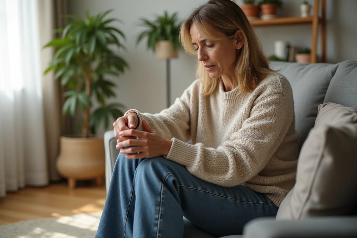 Femme assise sur un canapé en réflexion dans un salon lumineux