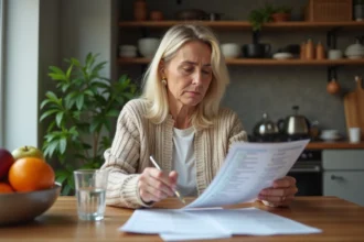 Femme préoccupée vérifiant une checklist alimentaire