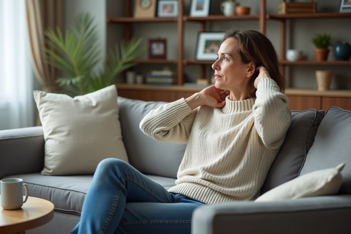 Femme assise sur un canapé se massant le trapèze