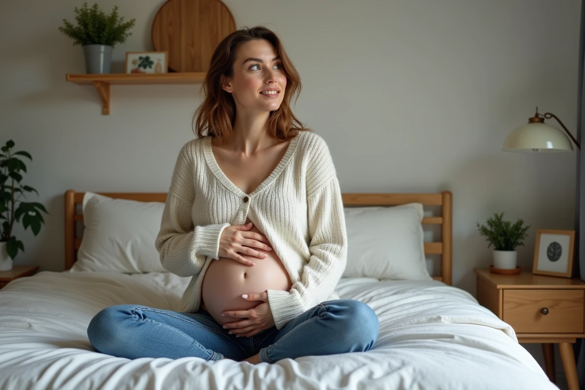 Femme assise sur le lit tenant son ventre dans une chambre chaleureuse