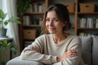Femme d'âge moyen assise sur un canapé dans un salon cosy