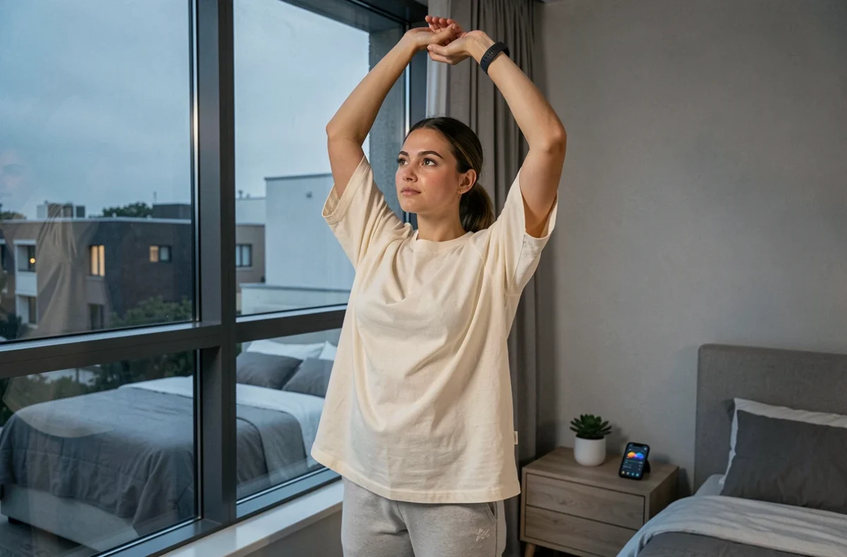 Jeune femme s'étirant au réveil avec une montre connectée affichant un suivi de sommeil pour adapter son chronotype