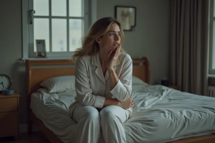 Femme d'âge moyen en pyjama se reposant dans sa chambre