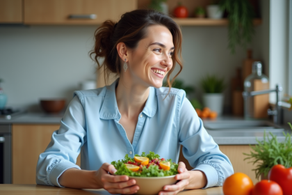 Femme souriante avec salade colorée dans la cuisine