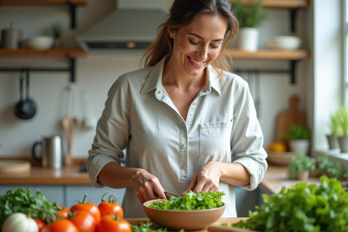 Femme préparant une salade dans une cuisine moderne