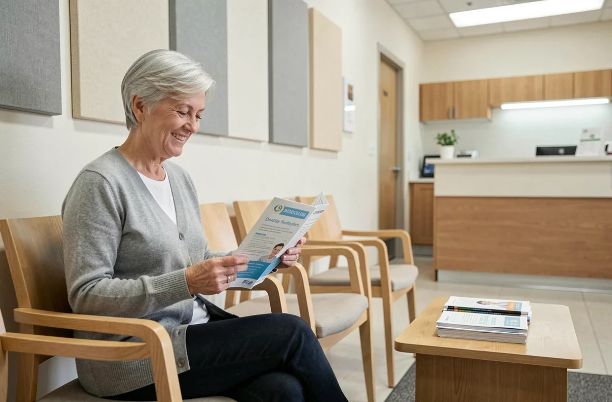 Femme âgée lisant une brochure sur les solutions dentaires alternatives aux implants dans une salle d'attente de cabinet dentaire