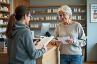 Femme d'âge moyen discutant avec une pharmacienne en pharmacie