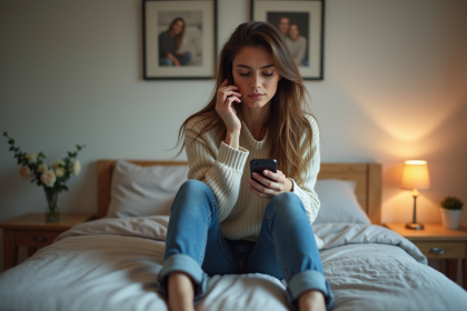 Femme assise sur le lit avec un téléphone dans une chambre chaleureuse
