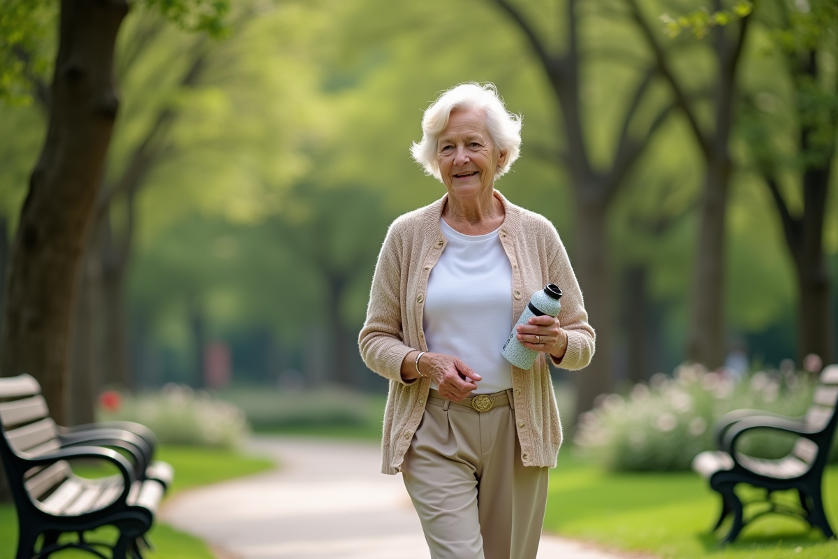 Femme senior souriante se promenant dans un parc verdoyant
