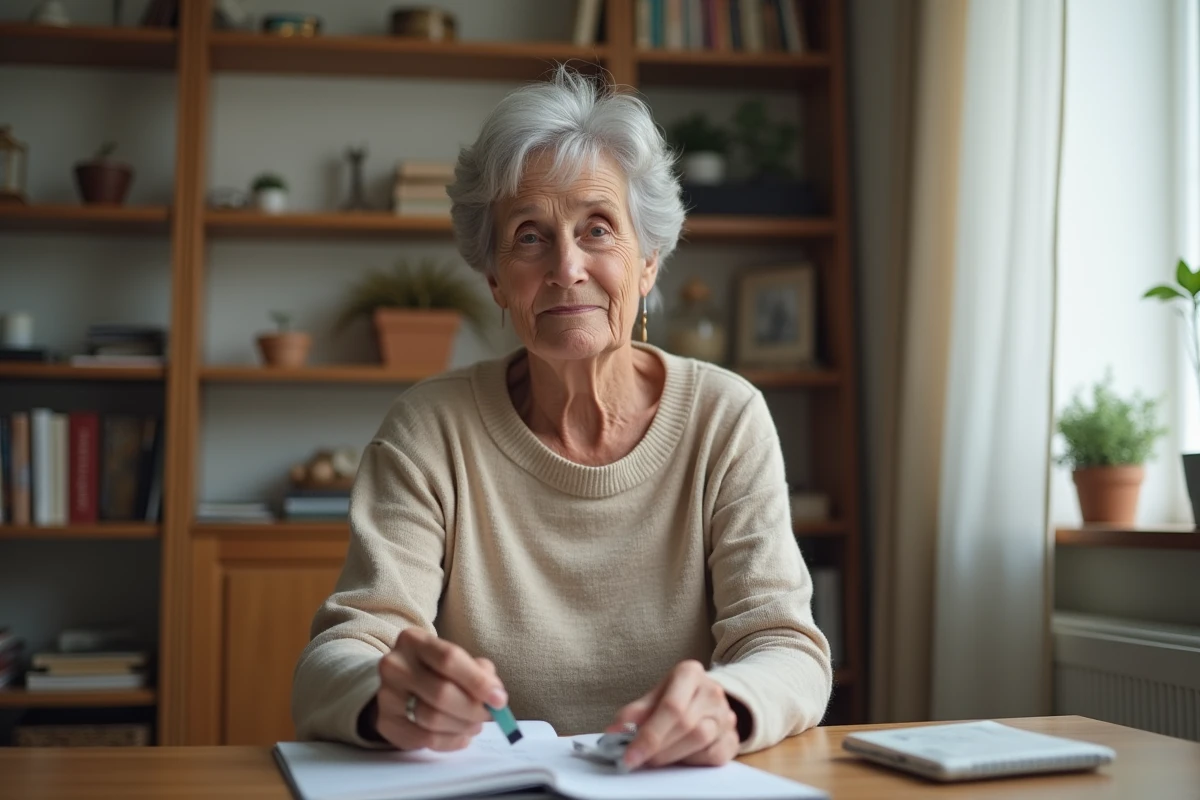 Femme senior tenant sa carte de porteur de pacemaker à son domicile, symbolisant le suivi autonome après implantation cardiaque