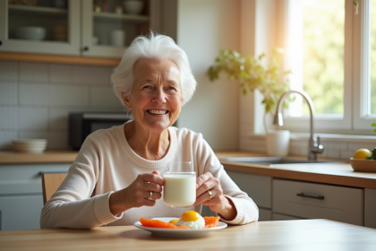 Femme senior souriante au petit déjeuner lumineux