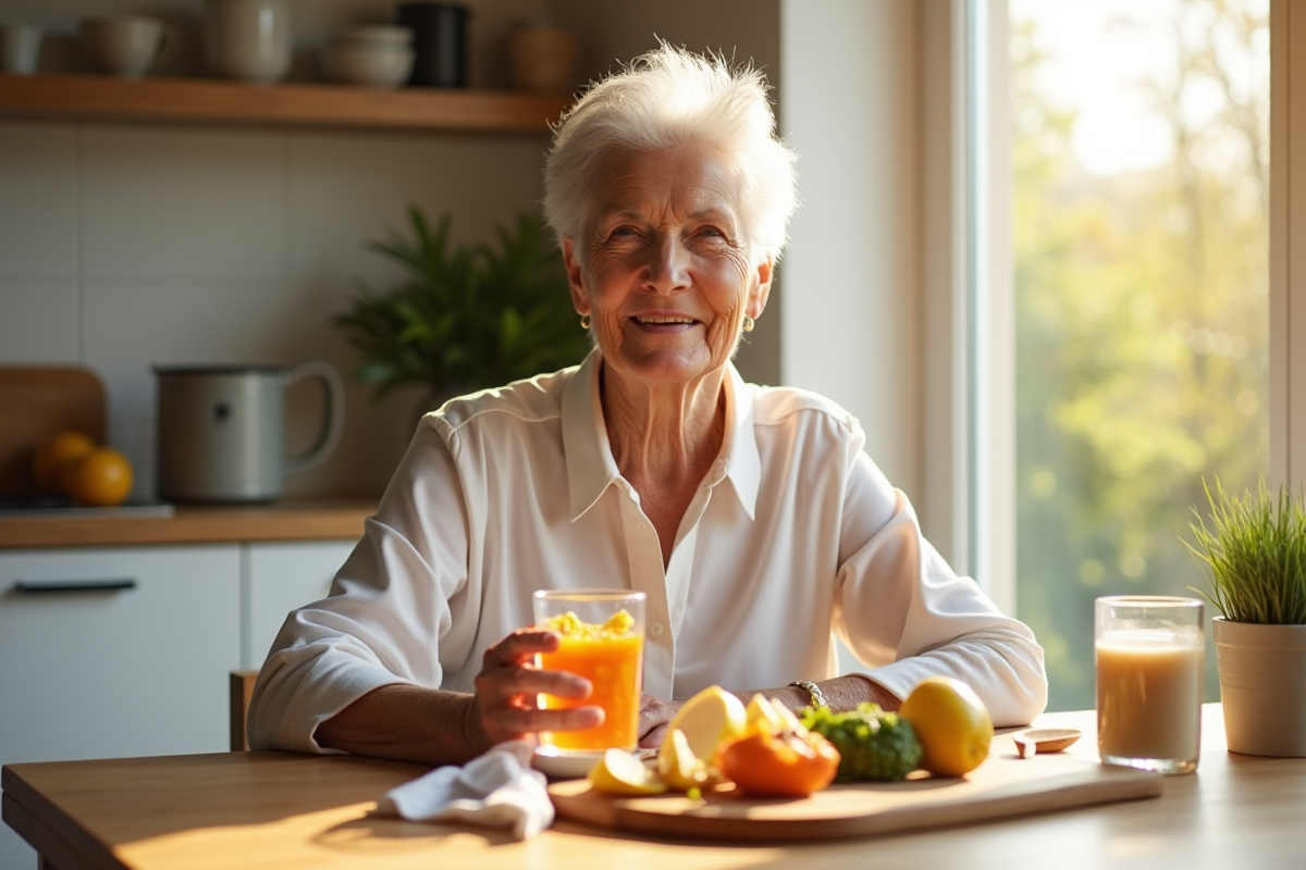 Femme senior souriante au petit déjeuner ensoleille