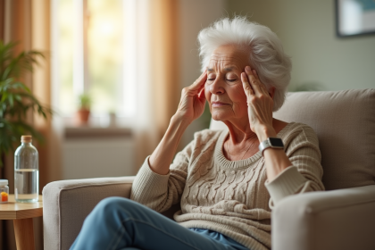 Femme senior assise sur un canapé lumineux et paisible
