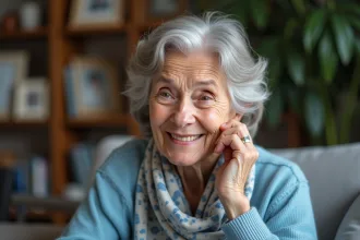 Femme senior souriante avec dent manquante dans un salon chaleureux