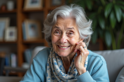 Femme senior souriante avec dent manquante dans un salon chaleureux