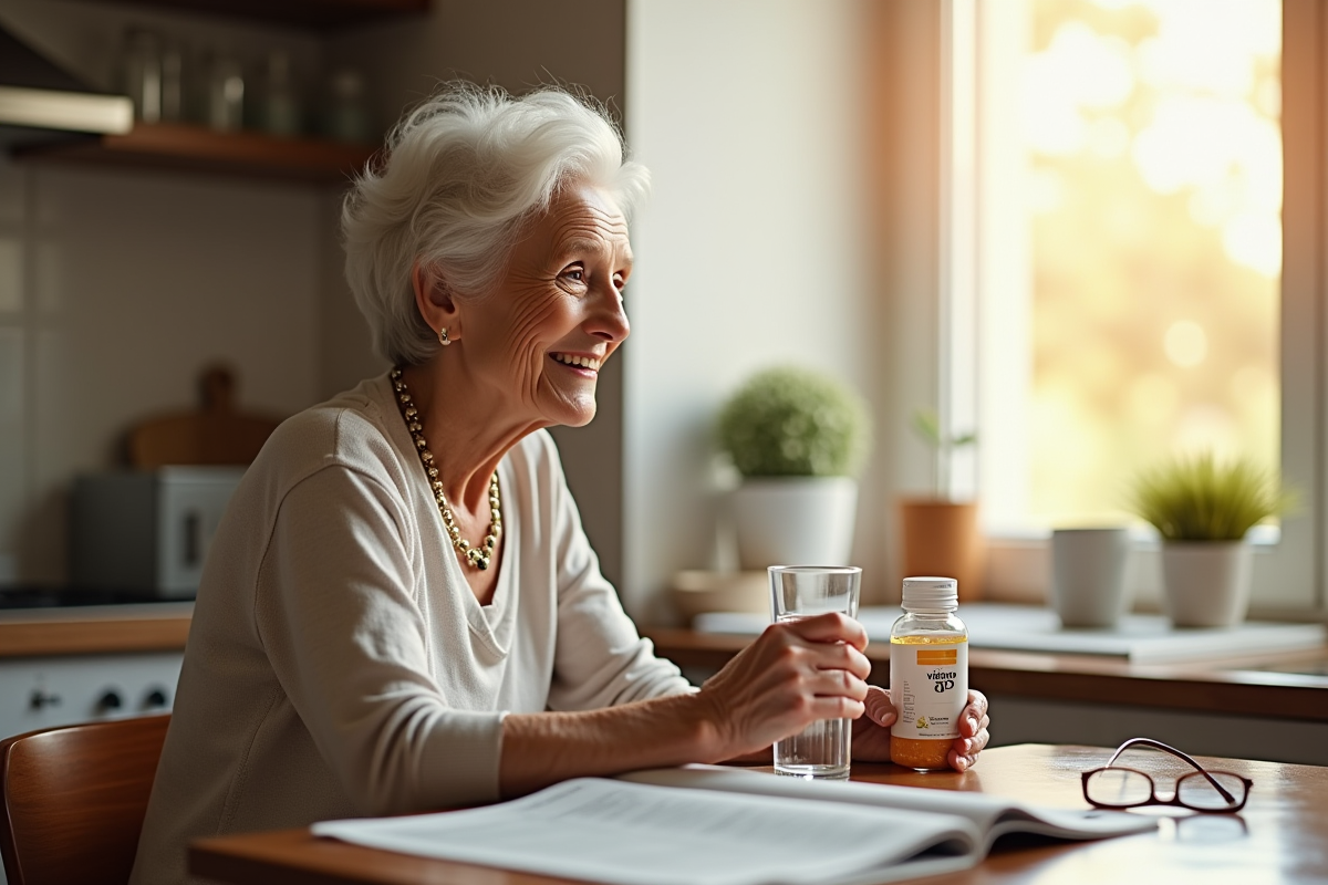 Femme senior souriante avec vitamine D3 près d'une fenêtre