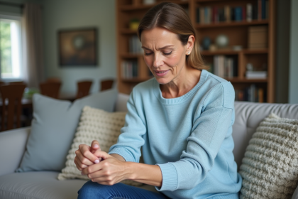 Femme d'âge moyen examine sa peau avec inquiétude dans un salon cosy