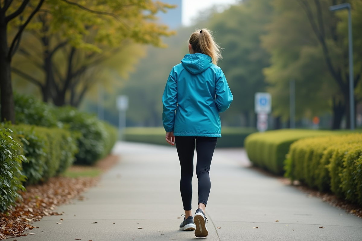Femme sportive marchant dans un parc urbain verdoyant