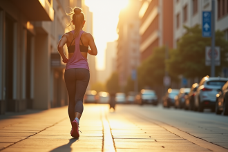Femme active en sport marche dans la ville en matinée