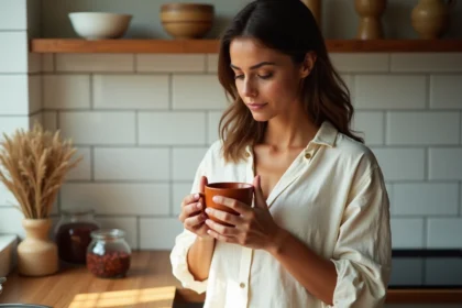 Femme tenant une tasse de rooibos dans une cuisine naturelle, illustrant les vertus apaisantes de cette tisane africaine