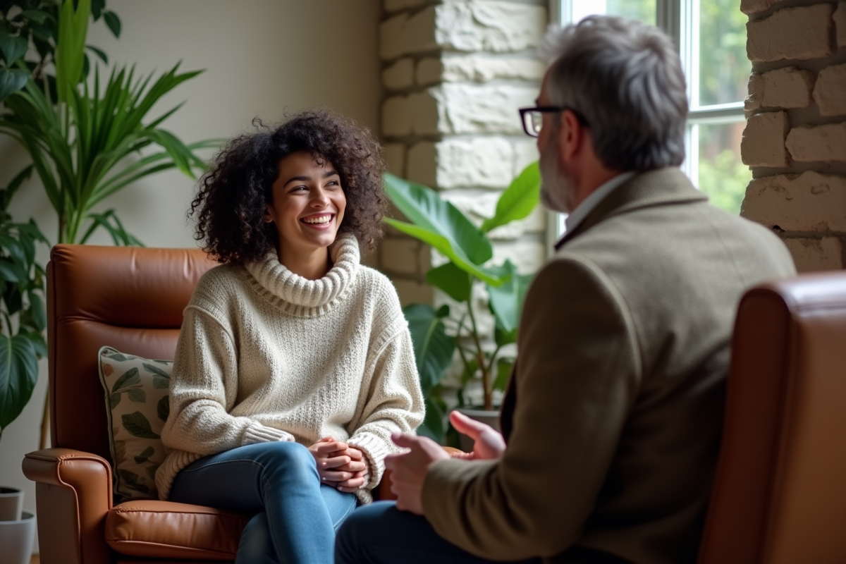 Femme jeune parlant avec un psychologue dans un cadre chaleureux
