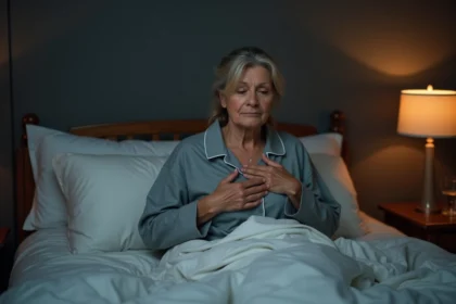 Femme d'âge moyen toussant la nuit dans sa chambre à coucher, assise dans son lit avec un air fatigué