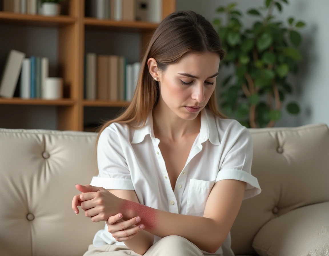 Jeune femme avec une urticaire sur le bras assise dans un salon, illustrant le besoin de traitement à la cortisone pour les réactions allergiques cutanées